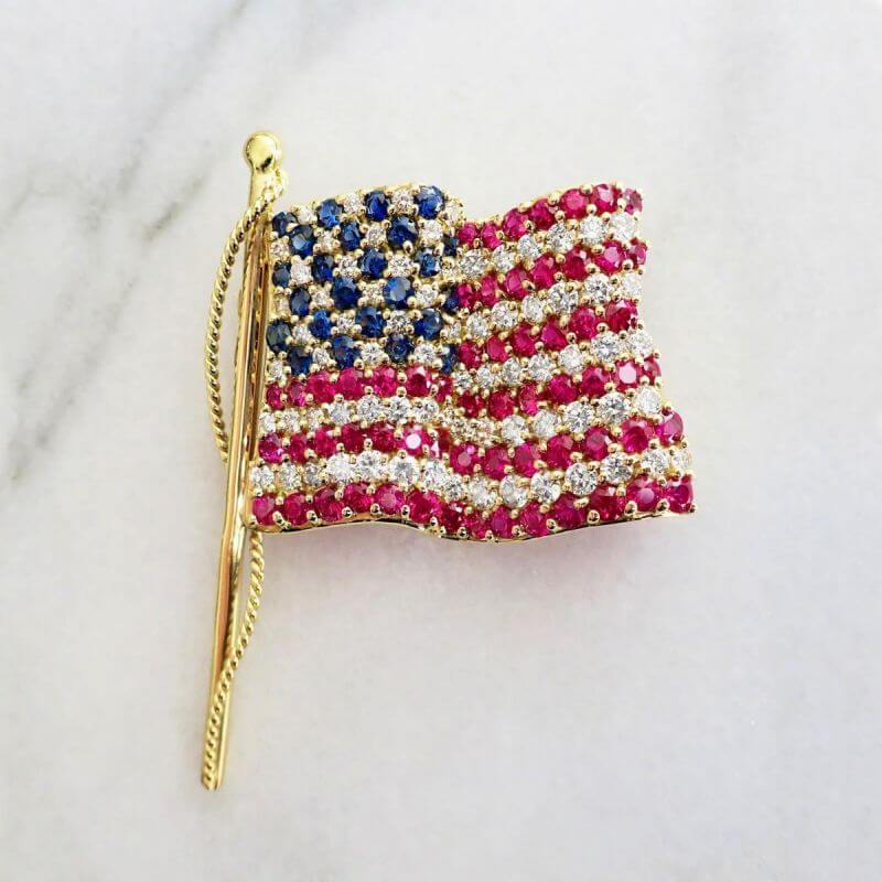 Golden Round Cut Blue & Ruby Sapphire American Flag Brooch