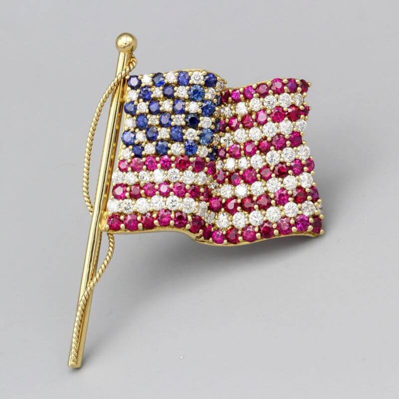 Golden Round Cut Blue & Ruby Sapphire American Flag Brooch