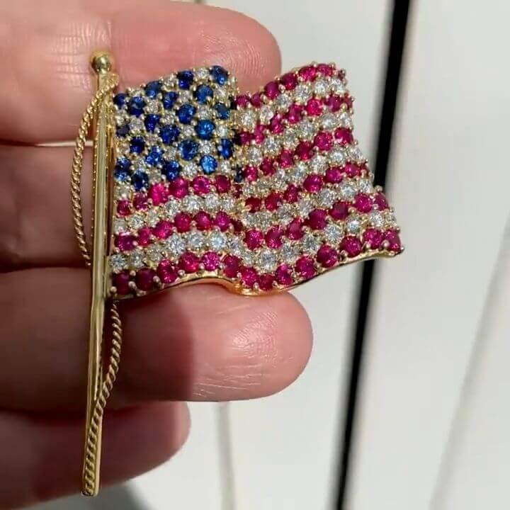 Golden Round Cut Blue & Ruby Sapphire American Flag Brooch