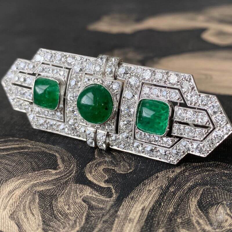 Art Deco Round & Cushion Cut Emerald Sapphire Brooches