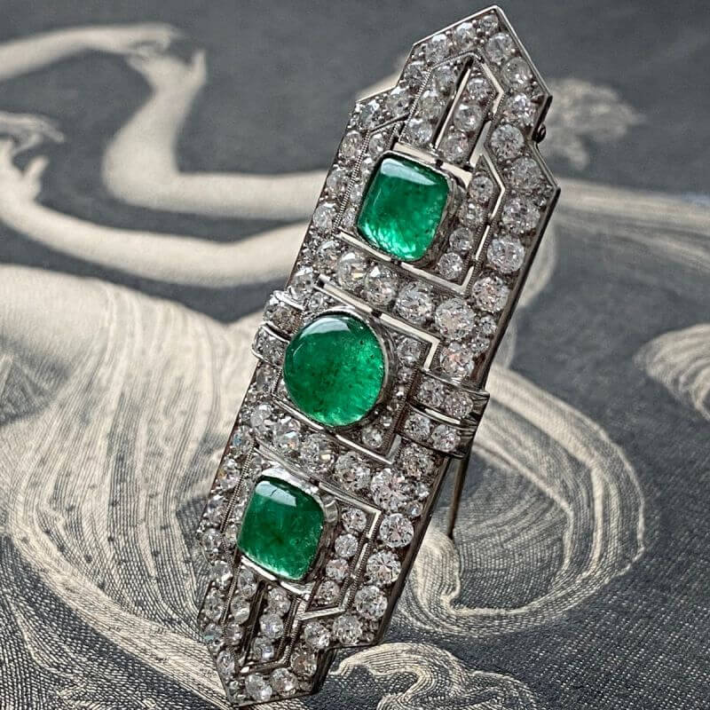 Art Deco Round & Cushion Cut Emerald Sapphire Brooches