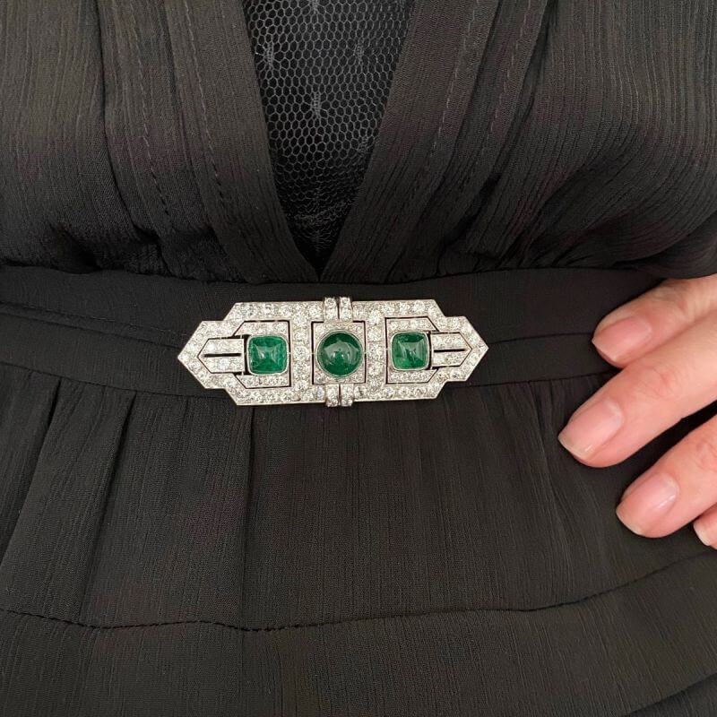 Art Deco Round & Cushion Cut Emerald Sapphire Brooches
