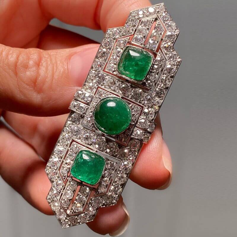 Art Deco Round & Cushion Cut Emerald Sapphire Brooches