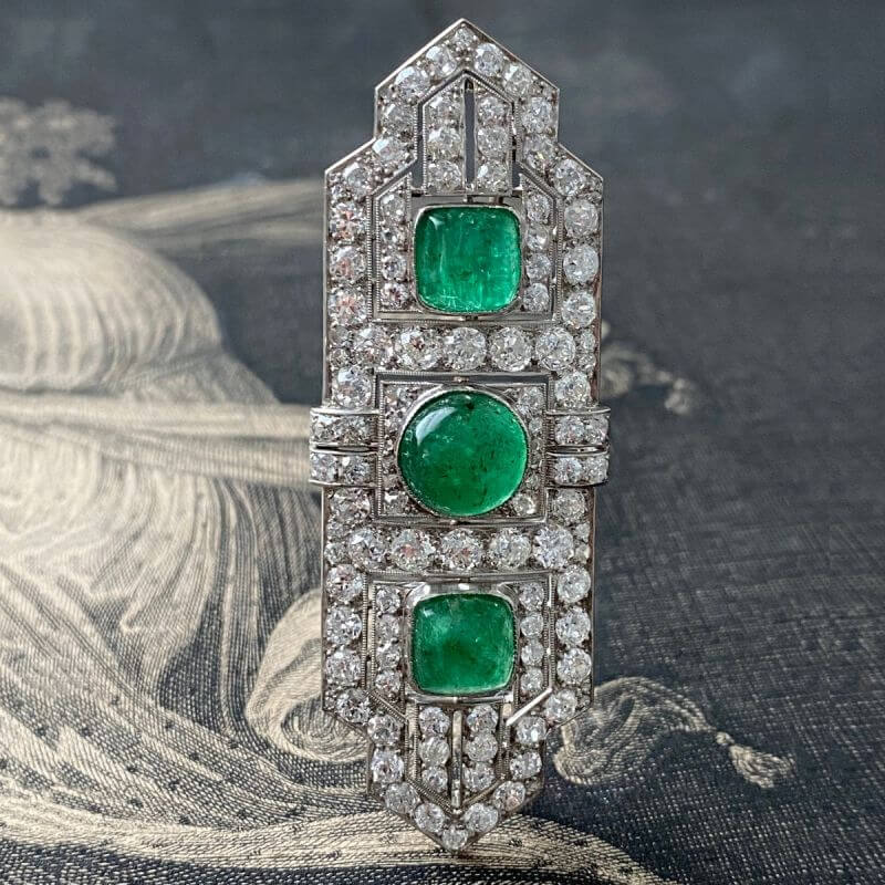 Art Deco Round & Cushion Cut Emerald Sapphire Brooches