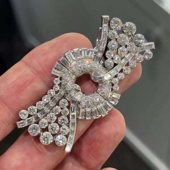 Art Deco Bow Round Cut White Sapphire Brooch