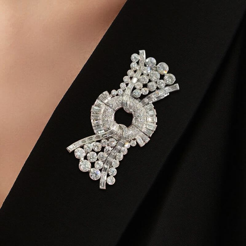 Art Deco Bow Round Cut White Sapphire Brooch