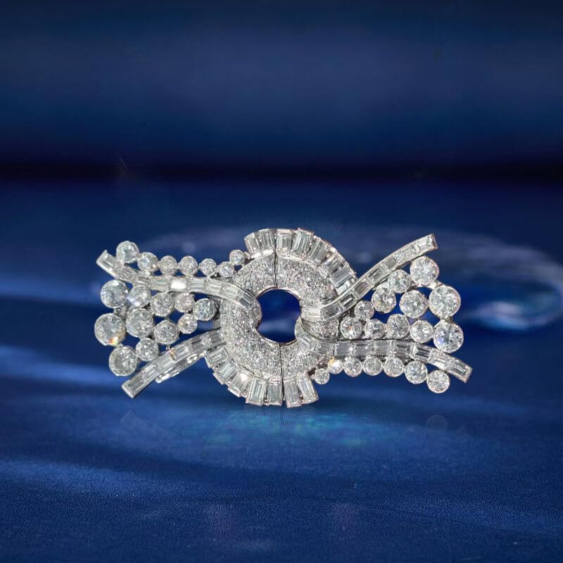 Art Deco Bow Round Cut White Sapphire Brooch