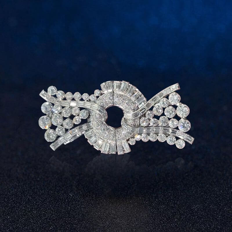 Art Deco Bow Round Cut White Sapphire Brooch