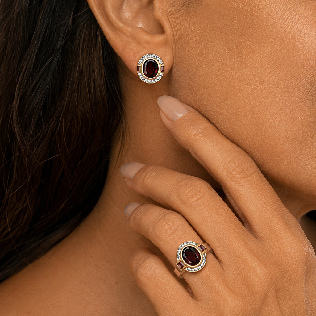 Luxury Jewelry Golden Bezel Oval Cut Garnet Sapphire Engagement Ring & Stud Earrings Jewelry Sets