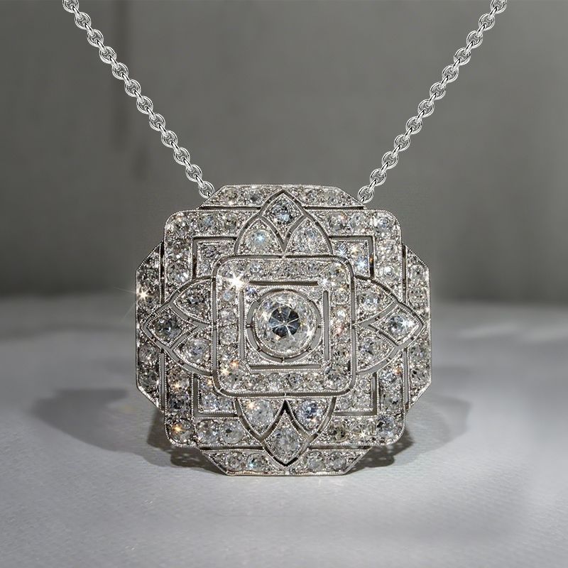 Art Deco Round Cut White Sapphire Silver Pendant Necklace For Women Belovegrace