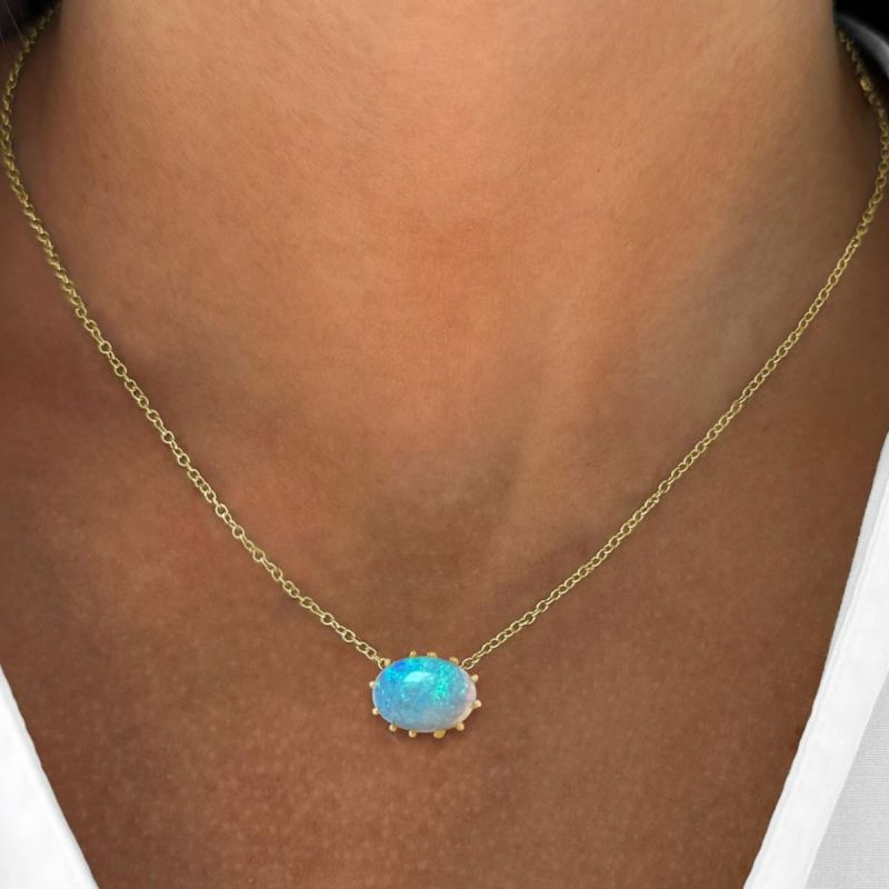 Vintage Golden Oval Cut Blue Opal Pendant Necklace For Women Belovegrace