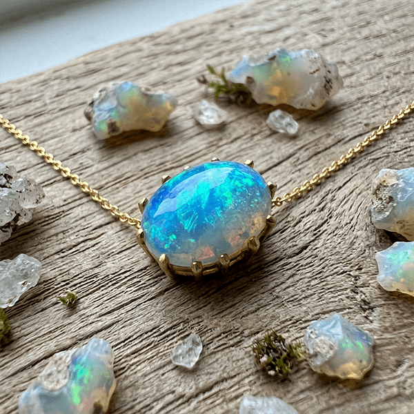 Vintage Golden Oval Cut Blue Opal Pendant Necklace For Women
