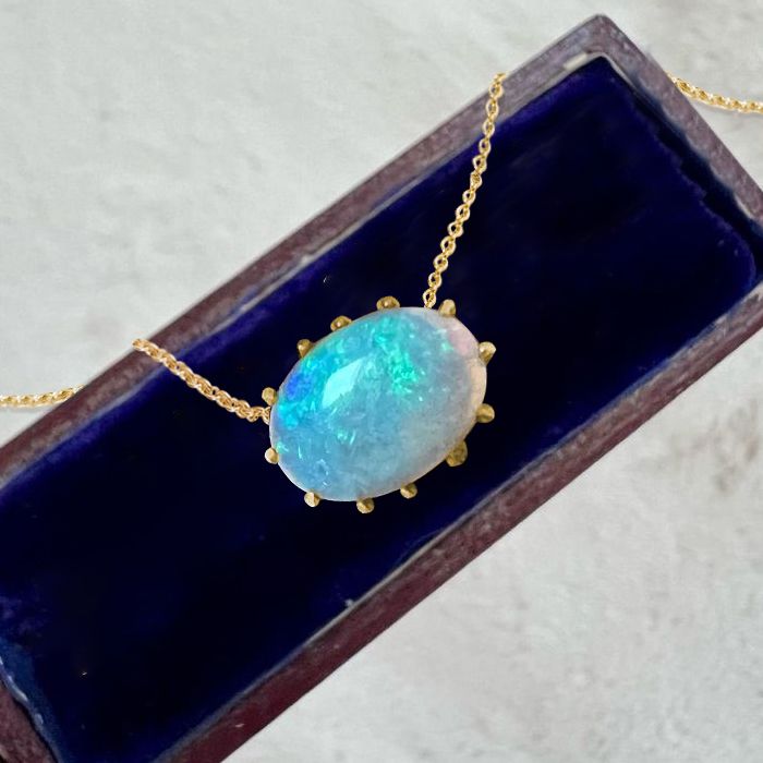 Vintage Golden Oval Cut Blue Opal Pendant Necklace For Women Belovegrace