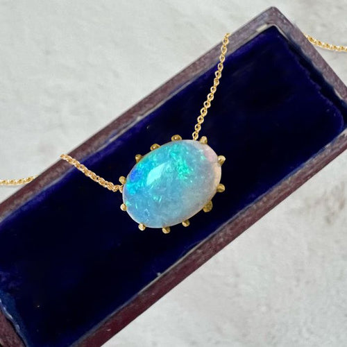 Vintage Golden Oval Cut Blue Opal Pendant Necklace For Women Belovegrace