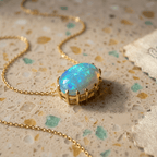 Vintage Golden Oval Cut Blue Opal Pendant Necklace For Women