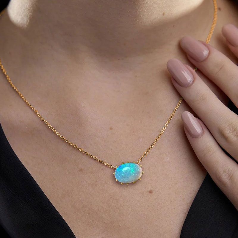 Vintage Golden Oval Cut Blue Opal Pendant Necklace For Women Belovegrace