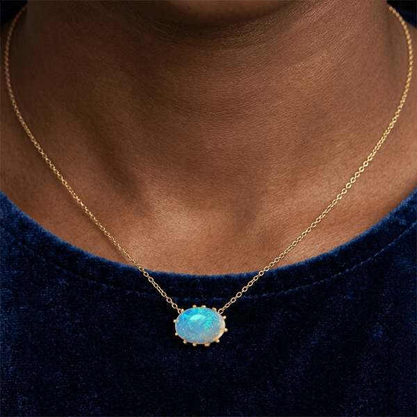 Vintage Golden Oval Cut Blue Opal Pendant Necklace For Women