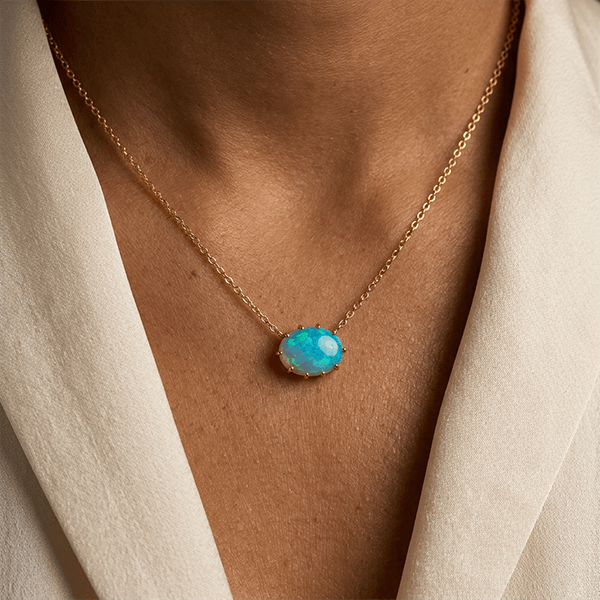 Vintage Golden Oval Cut Blue Opal Pendant Necklace For Women