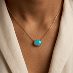 Vintage Golden Oval Cut Blue Opal Pendant Necklace For Women