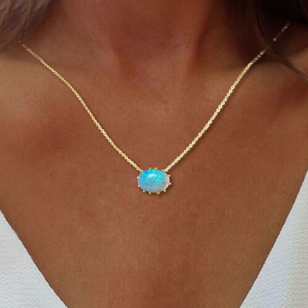 Vintage Golden Oval Cut Blue Opal Pendant Necklace For Women Belovegrace