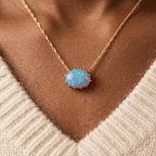 Vintage Golden Oval Cut Blue Opal Pendant Necklace For Women