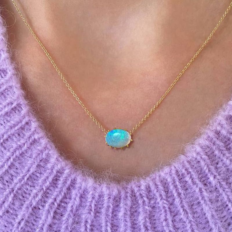 Vintage Golden Oval Cut Blue Opal Pendant Necklace For Women Belovegrace