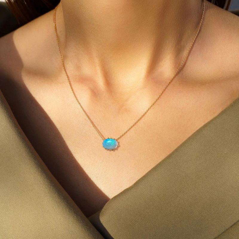 Vintage Golden Oval Cut Blue Opal Pendant Necklace For Women Belovegrace