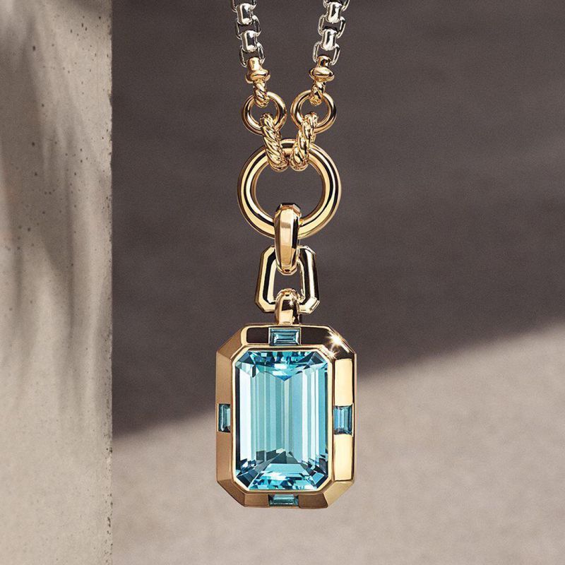 Two Tone Emerald Cut Aquamarine Sapphire Pendant Necklace For Women Belovegrace