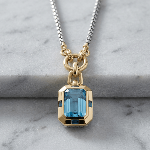 Two Tone Emerald Cut Aquamarine Sapphire Pendant Necklace For Women
