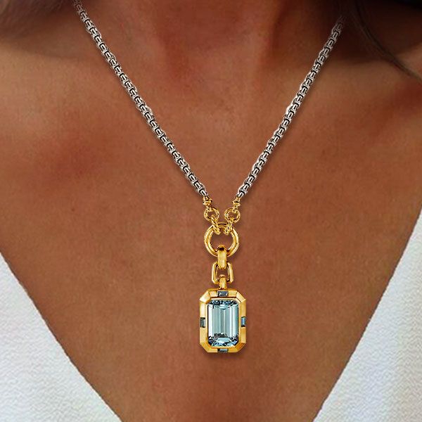 Two Tone Emerald Cut Aquamarine Sapphire Pendant Necklace For Women Belovegrace