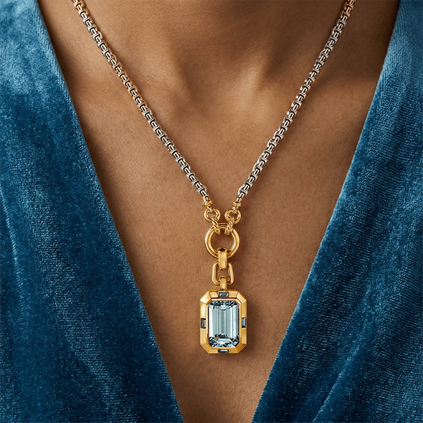 Two Tone Emerald Cut Aquamarine Sapphire Pendant Necklace For Women