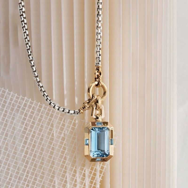 Two Tone Emerald Cut Aquamarine Sapphire Pendant Necklace For Women Belovegrace