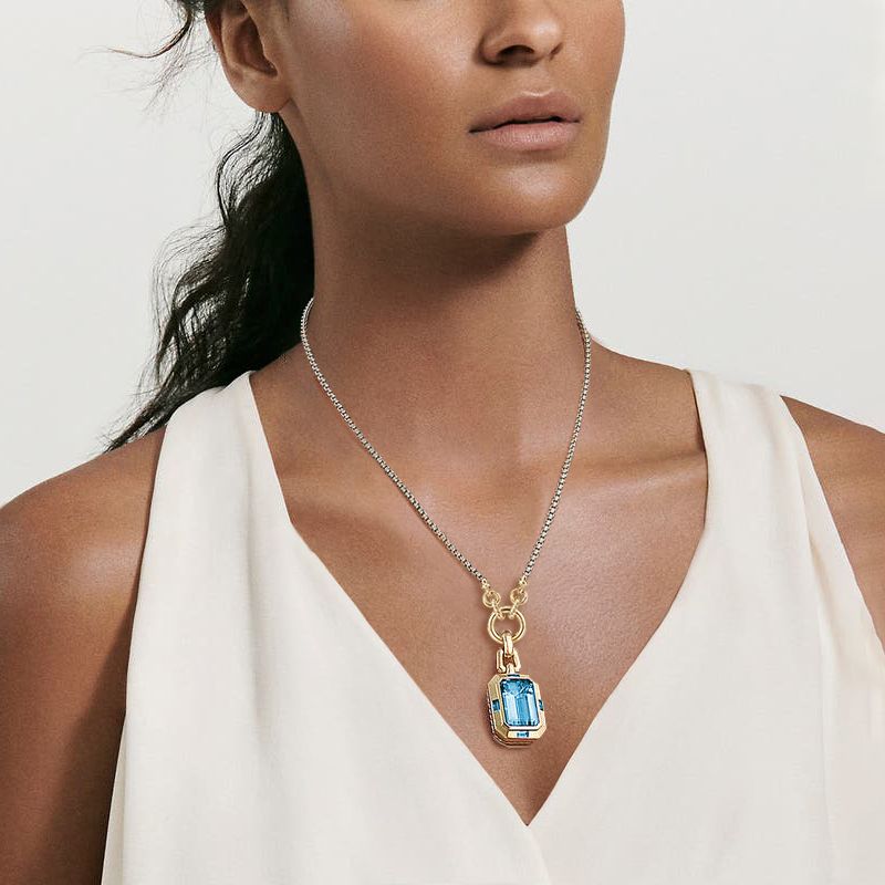 Two Tone Emerald Cut Aquamarine Sapphire Pendant Necklace For Women Belovegrace