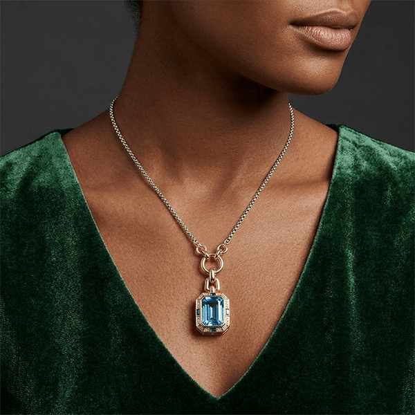 Two Tone Emerald Cut Aquamarine Sapphire Pendant Necklace For Women