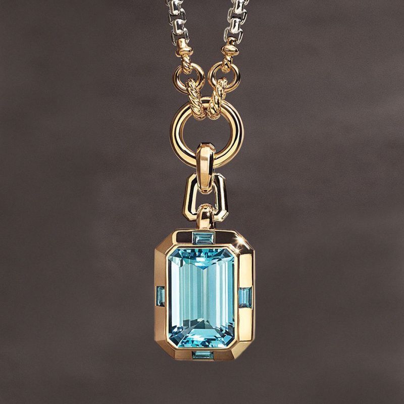Two Tone Emerald Cut Aquamarine Sapphire Pendant Necklace For Women Belovegrace