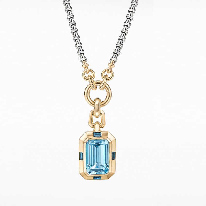 Two Tone Emerald Cut Aquamarine Sapphire Pendant Necklace For Women Belovegrace