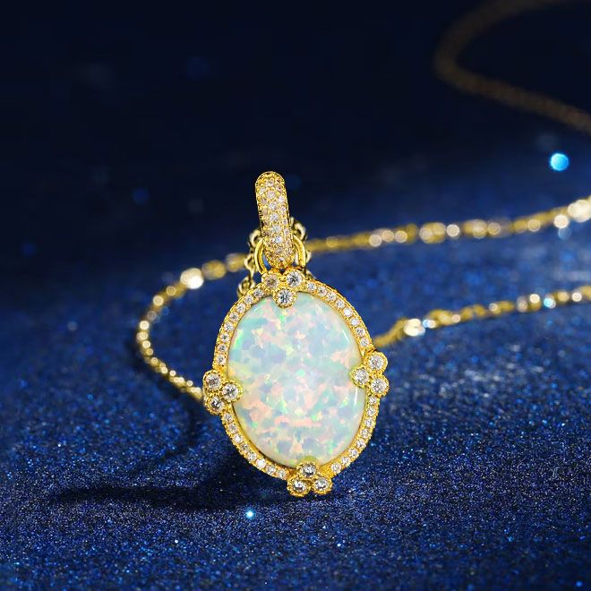 Golden Oval Cut Opal Pendant Necklace For Women Belovegrace