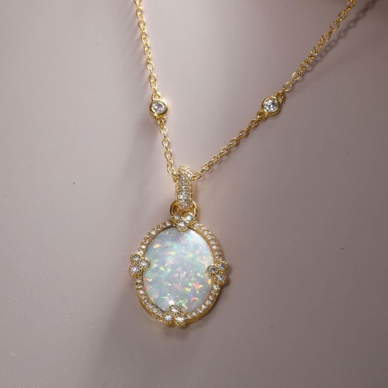 Golden Oval Cut Opal Pendant Necklace For Women Belovegrace
