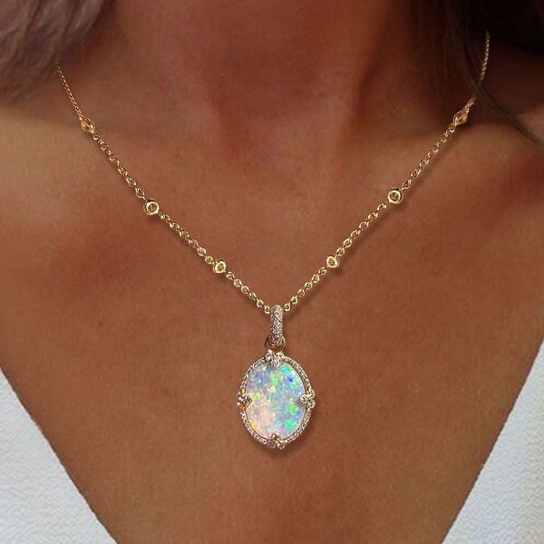 Golden Oval Cut Opal Pendant Necklace For Women Belovegrace