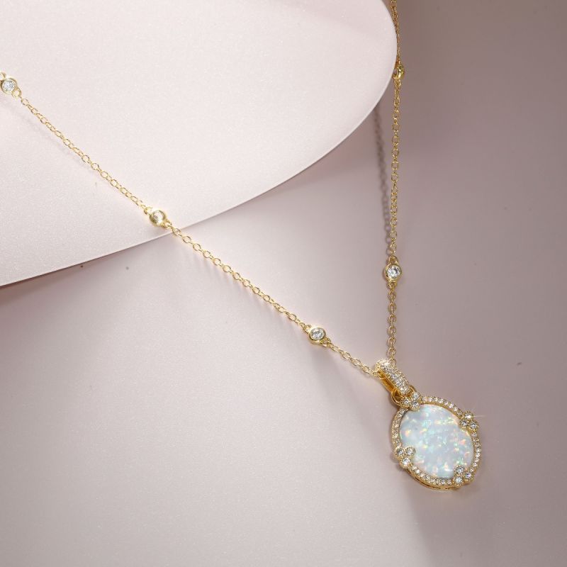 Golden Oval Cut Opal Pendant Necklace For Women Belovegrace