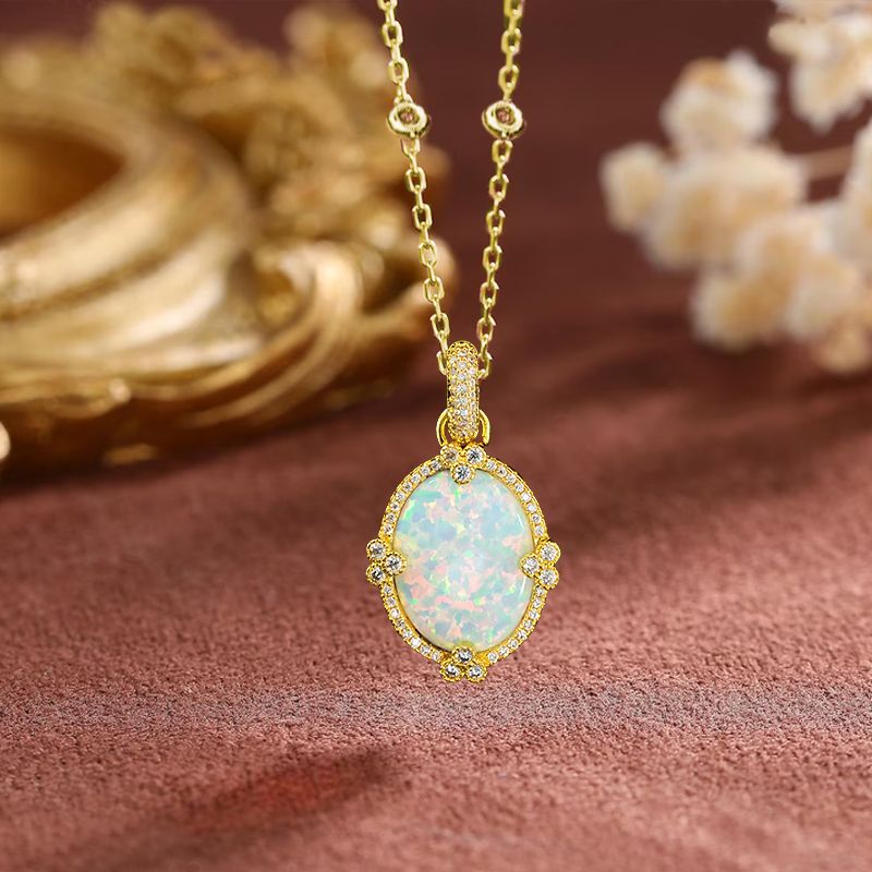 Golden Oval Cut Opal Pendant Necklace For Women Belovegrace