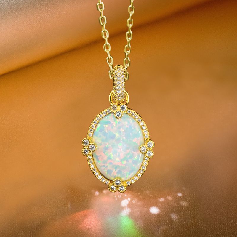 Golden Oval Cut Opal Pendant Necklace For Women Belovegrace
