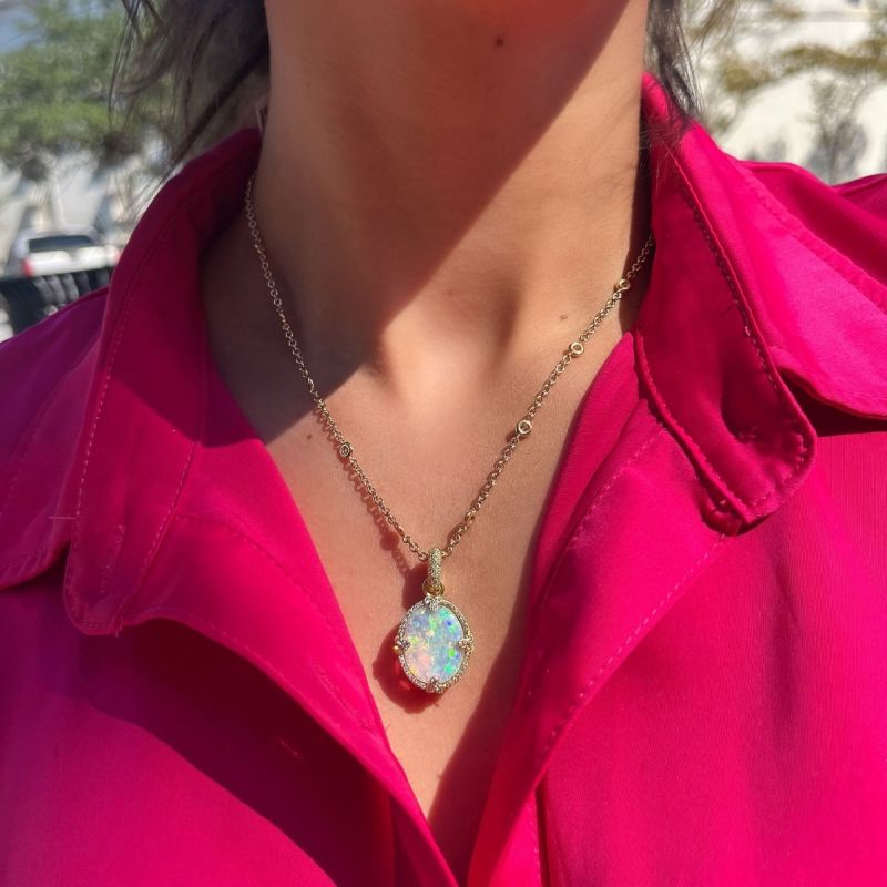 Golden Oval Cut Opal Pendant Necklace For Women Belovegrace