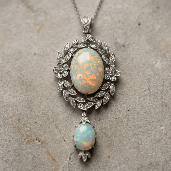 Vintage Milgrain Wreath Design Oval Cut Opal & White Sapphire Pendant Necklace For Women