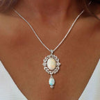 Vintage Milgrain Wreath Design Oval Cut Opal Pendant Necklace For Women Belovegrace
