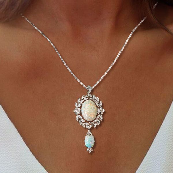 Vintage Milgrain Wreath Design Oval Cut Opal Pendant Necklace For Women Belovegrace