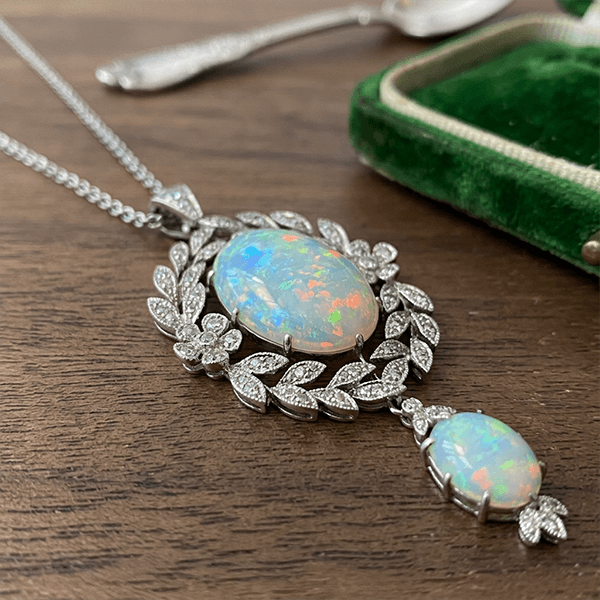 Vintage Milgrain Wreath Design Oval Cut Opal & White Sapphire Pendant Necklace For Women
