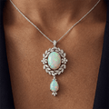 Vintage Milgrain Wreath Design Oval Cut Opal & White Sapphire Pendant Necklace For Women