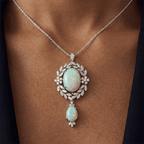 Vintage Milgrain Wreath Design Oval Cut Opal & White Sapphire Pendant Necklace For Women