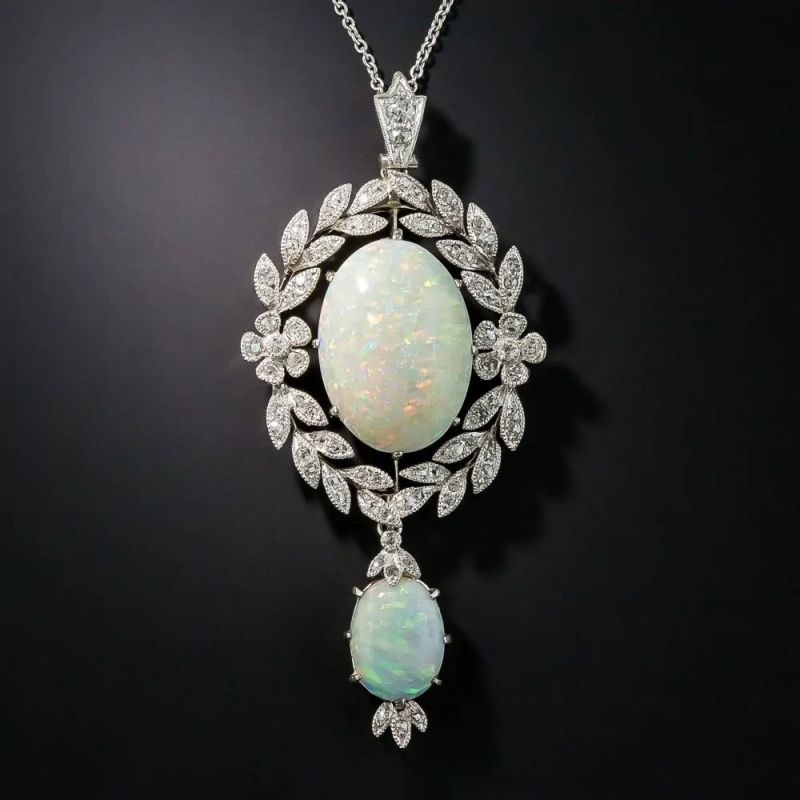 Vintage Milgrain Wreath Design Oval Cut Opal Pendant Necklace For Women Belovegrace